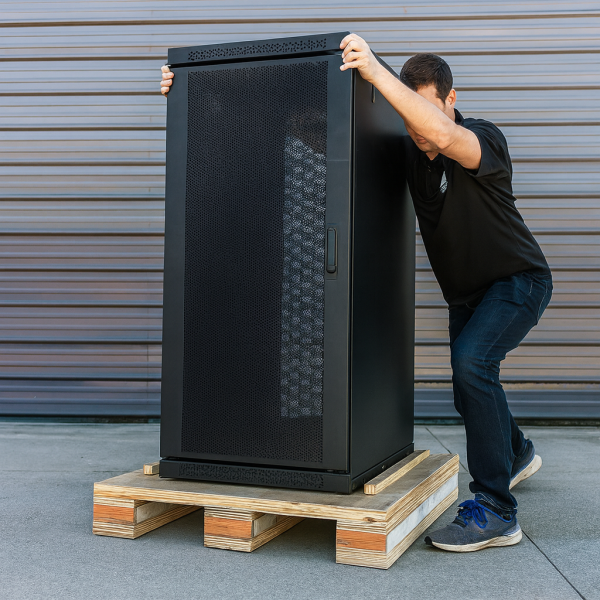 Technician positioning a black server rack onto a wooden shock pallet during a data center deployment, demonstrating secure handling and support for sensitive IT equipment.
